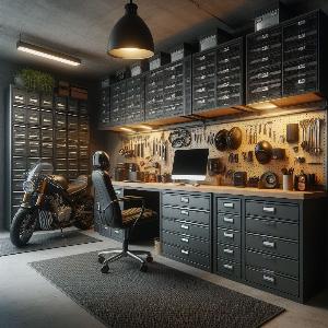Garage Office Design Ideas with large metal file cabinets to store motorcycle parts-6